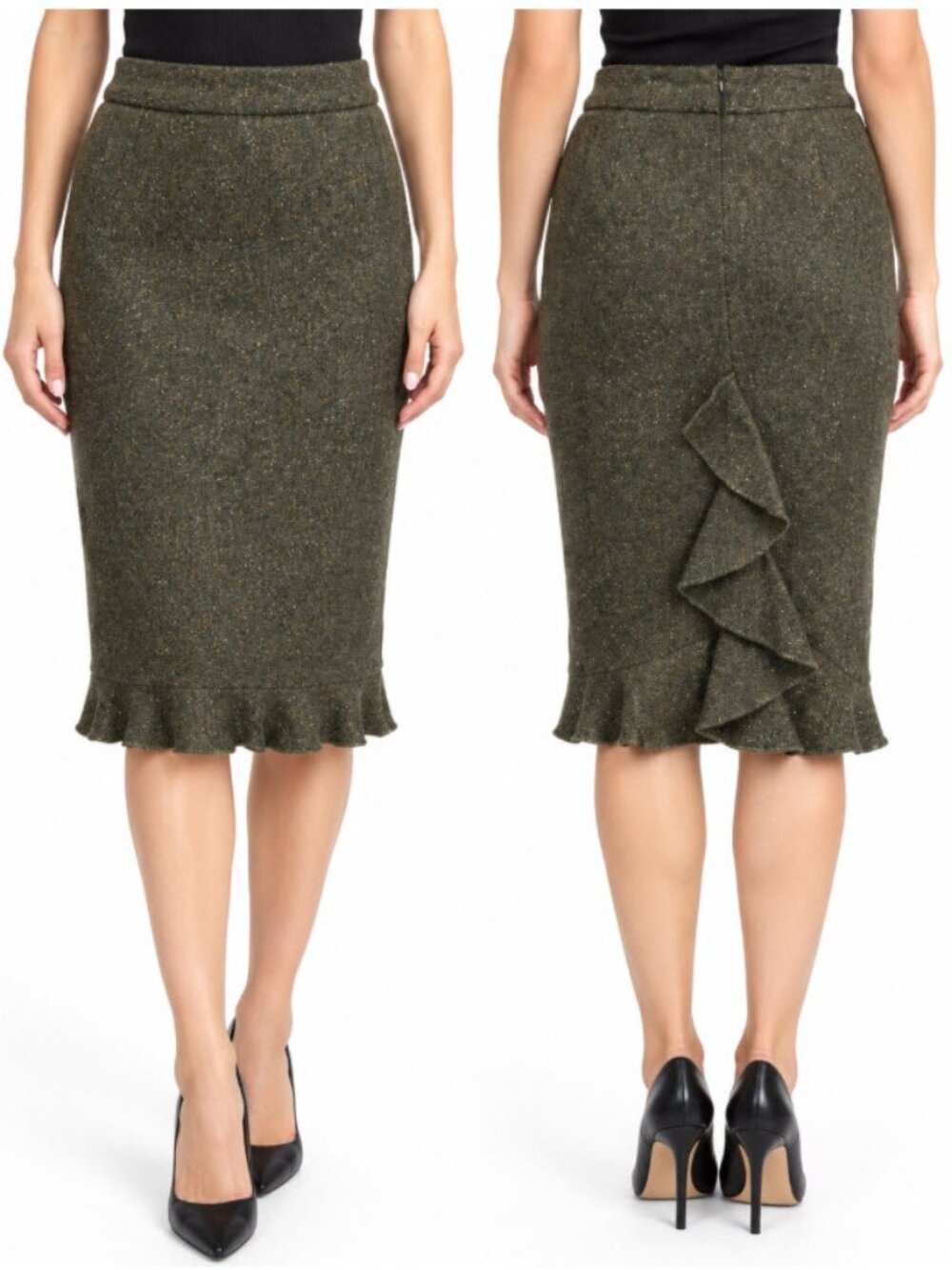 Club Monaco Tweed Wool Skirts Olive Green Back Ruffle Work Preppy Academia Chic